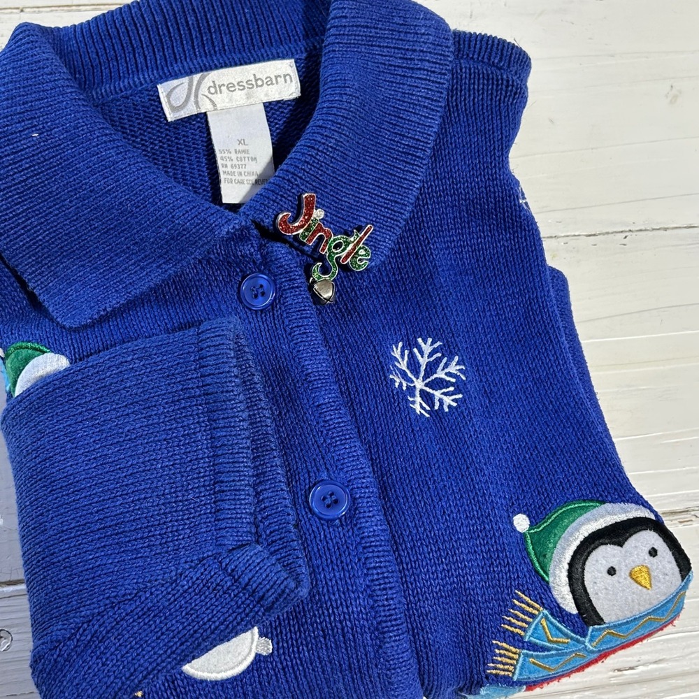 Dressbarn Womens XL Blue Penguin Snowman‎ Christmas Cardigan Sweater Vintage